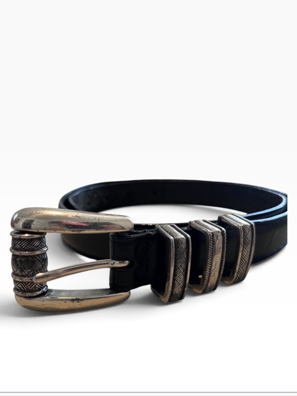 Vintage Brighton Black Leather Silver Basketweave Buckle Belt 1995 Size 32-36"